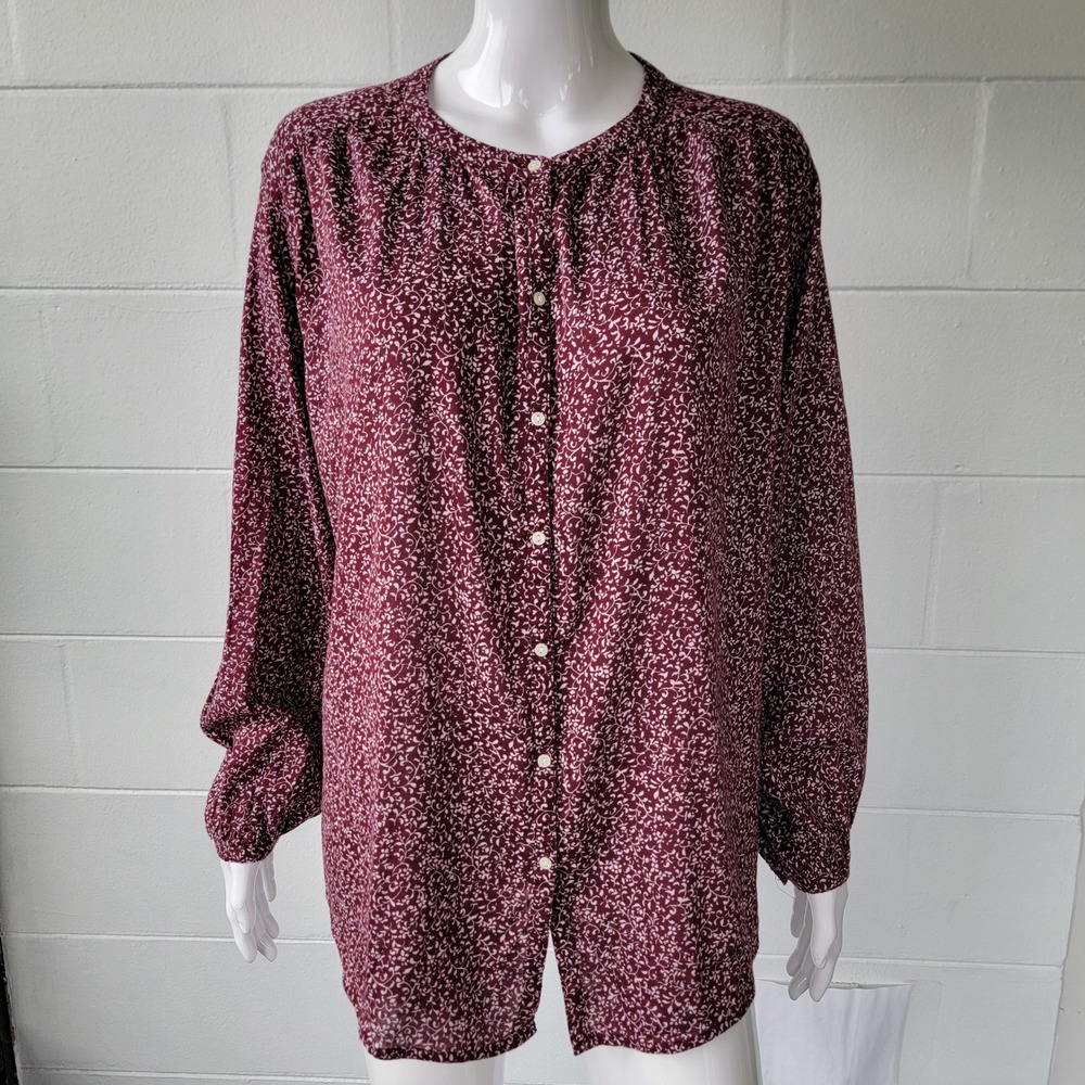 Old Navy Button Front Blouse Burgundy Women's L Cottagecore Floral Bohemian Top